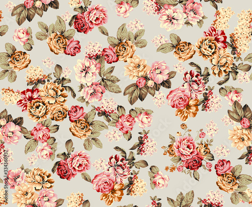 pink and orange  Shabby chic vintage roses, tulips and forget-me-nots vintage seamless pattern, classic chintz floral repeat background for web and print