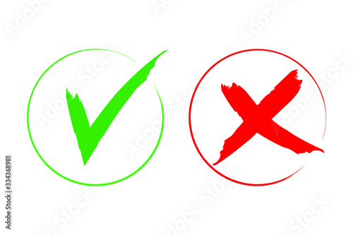 Check mark icon set. Green tick and red cross flat simbol. Check ok, YES or no, X marks for vote, decision, web.Correct and incorrect sign. Right, wrong icons.vector eps10