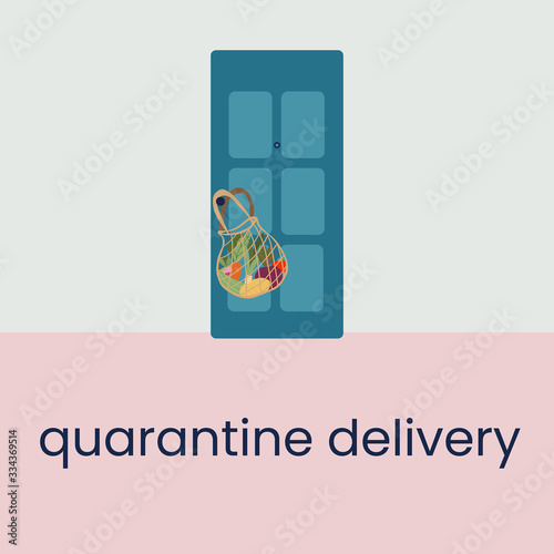 Contactless food delivery during quarantine. Epidemic control and prevention of coronavirus. A bag of food in front of the door. Vector illustration on an isolated background.