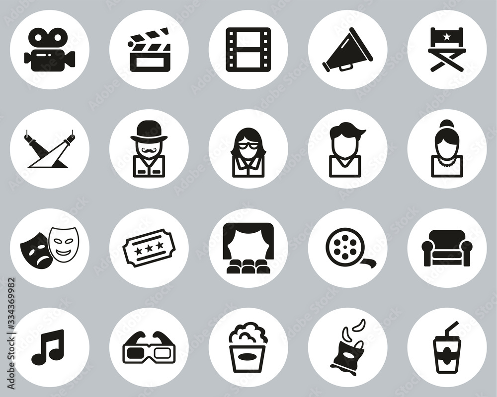 Movie Or Movie Industry Icons Black & White Flat Design Circle Set Big Movie Or Movie Industry Icons Black & White Flat Design Circle Set Big