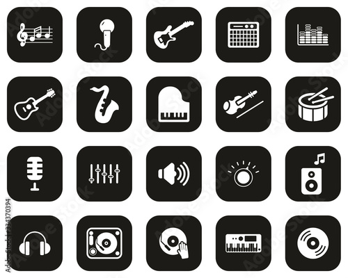 Music Or Music Studio Equipment Icons White On Black Flat Design Set Big