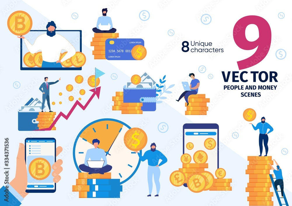 Cryptocurrency Miner or Trader, Stock Exchange Player, Bitcoin Investor Life Scenes, Work Situations, People and Money, Financial Success, Currency Trade Concepts Trendy Flat Vector Illustrations Set - obrazy, fototapety, plakaty 