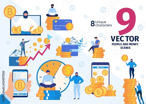 Cryptocurrency Miner or Trader, Stock Exchange Player, Bitcoin Investor Life Scenes, Work Situations, People and Money, Financial Success, Currency Trade Concepts Trendy Flat Vector Illustrations Set