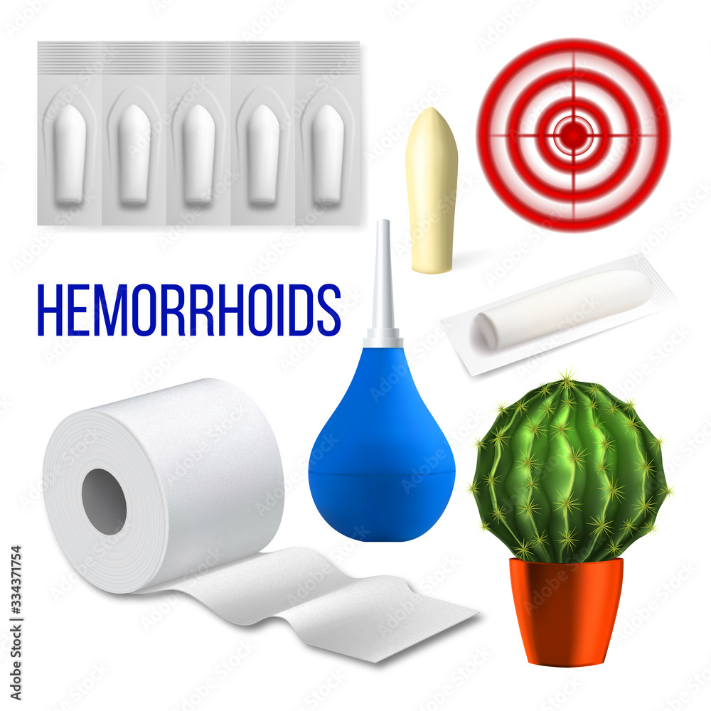 Hemorrhoids Medical Problem Collection Set Vector. Pills And Enema, Hygienic Toilet Paper