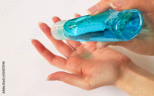 Washing hand with antibacterial fluid. Coronavirus protection. photo