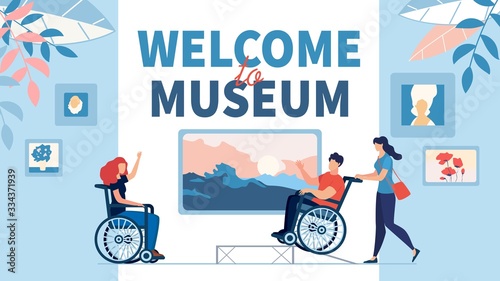 Excursion to Museum for Disabled People Invitation. Happy Man and Woman Sitting in Wheelchair Meeting at Art Gallery. Handicapped Visitor at Artwork Exhibition. Culture Tourism. Vector Illustration