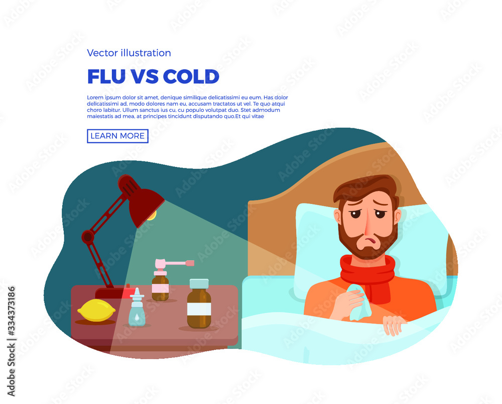 Sick men in bed with the symptoms of cold, flu. Cartoon vector character on pillow with blanket and scarf, medicine, lemon, thermometer. Illustration of unhealthy guy with a high fever, headache. Sick men in bed with the symptoms of cold, flu. Cartoon vector character on pillow with blanket and scarf, medicine, lemon, thermometer. Illustration of unhealthy guy with a high fever, headache.