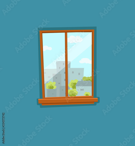 Window and door cartoon colorful vector illustration with urban city architecture buildings landscape