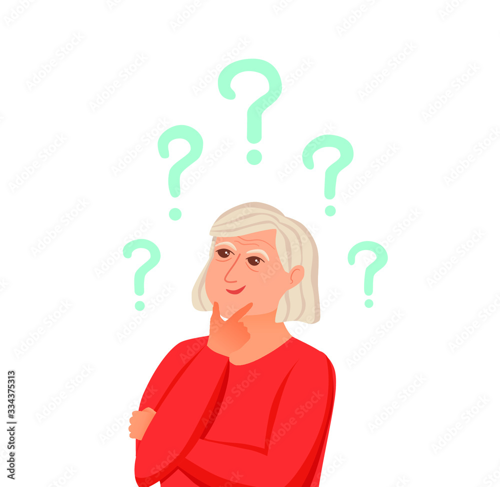 Old woman thinking with question marks. Vector illustration