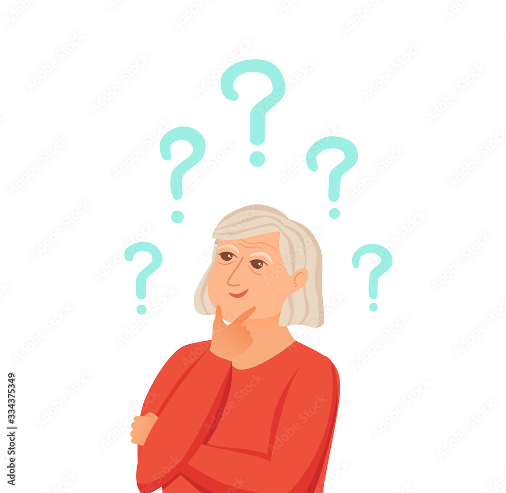 Old woman thinking with question marks. Vector illustration Old woman thinking with question marks. Vector illustration