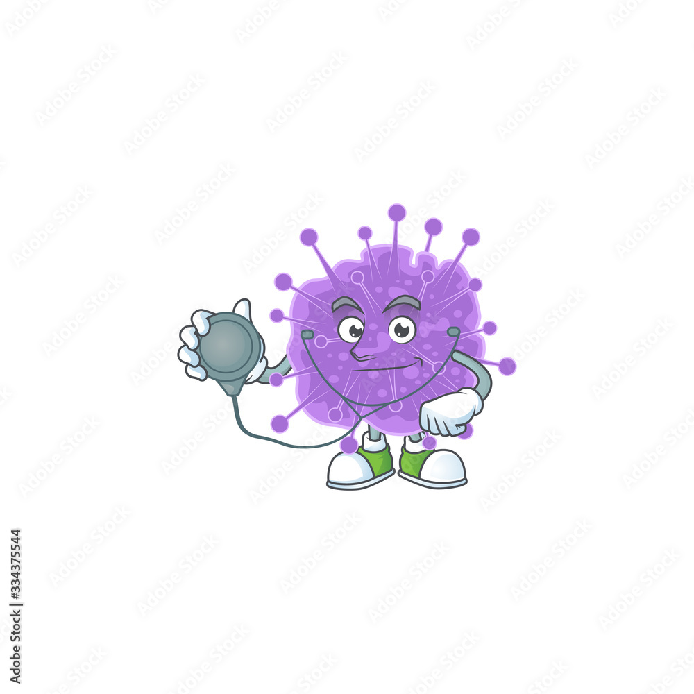 A cartoon character of coronavirus influenza Doctor using tools