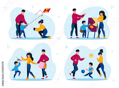 Happy Family Life Activities and Healthy Lifestyle Trendy Flat Vector Concepts Set. Parents with Child Launching Kite, Drawing Painting, Playing Football, Shopping on Sale Isolated Illustrations