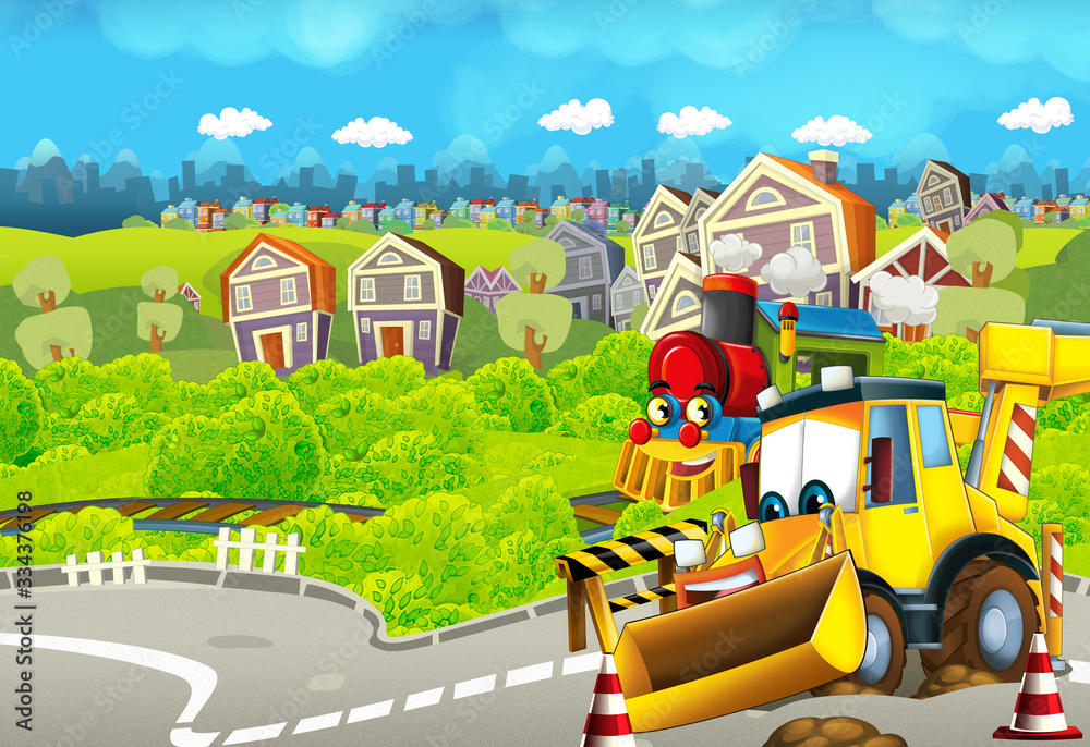 Fototapeta premium Cartoon funny looking train on the train station near the city and excavator digger car driving and plane flying - illustration