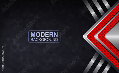 Dark composition with mosaic effect, metallic arrow with rays, red textured border