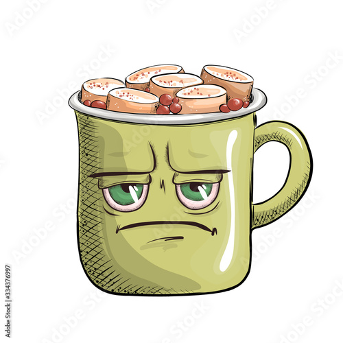 Cup of coffee with a sweet face filled with a hot drink and marshmallows. Vector for design t-shirts typography cards and posters. Funny cartoon picture in a flat style.