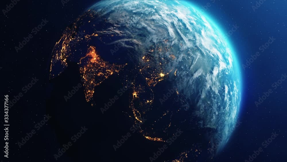 Planet Earth Slowly Rotating day to night concept with bright city lights from space 4K Loop Animation. Space, Planet, Galaxy, Stars, Cosmos, Sea, Earth, Sunset, Globe, World.