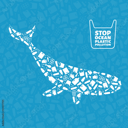 Stop ocean plastic pollution concept vector illustration. Whale marine mammal outline filled with plastic trash flat icons. Prevent ocean pollution ecology concept, sustainable lifestyle graphic.