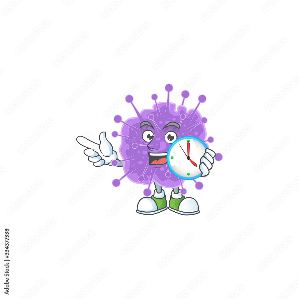 cartoon character style of cheerful coronavirus influenza with clock