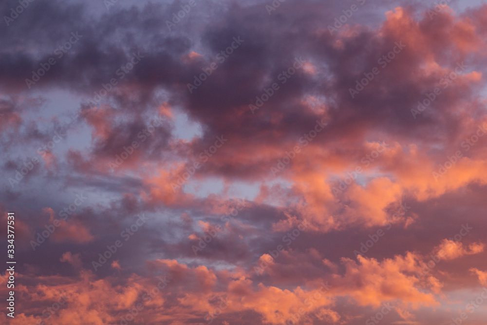 Idyllic sunshine sky with golden, purple and pink clouds in blue sky as abstract texture, background.