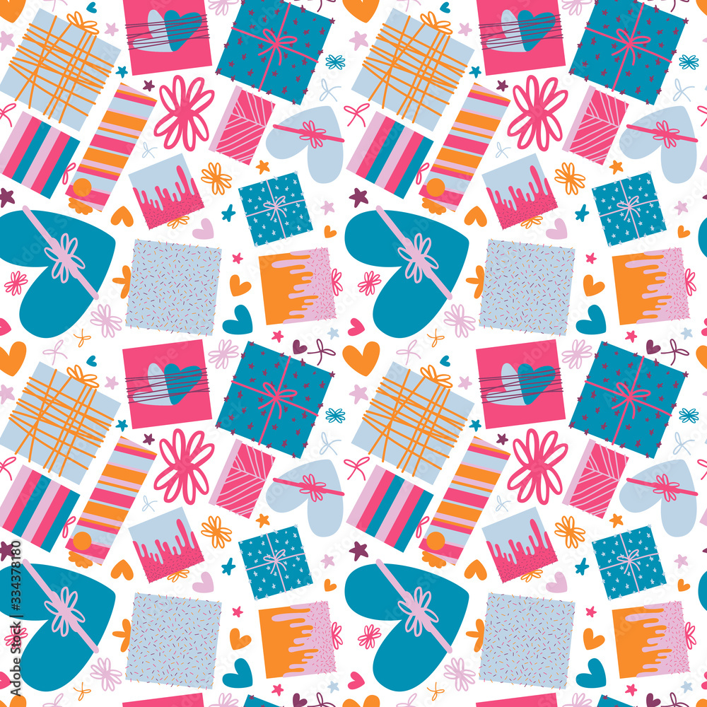 Seamless vector pattern with cute hand drawn gift boxes, ribbon and confetti. Pattern with a lot of presents for fabric, textile, wrapping paper, wallpaper, web. Flat design. Vector stock illustration