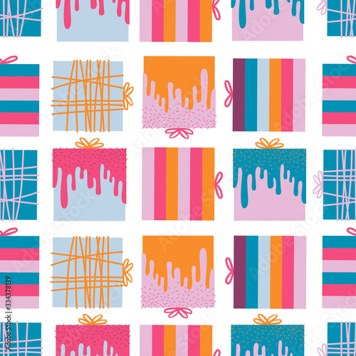 Seamless vector pattern with cute hand drawn gift boxes, ribbon and confetti. Pattern with a lot of presents for fabric, textile, wrapping paper, wallpaper, web. Flat design. Vector stock illustration