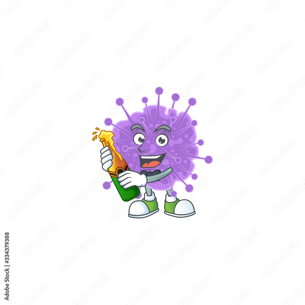 mascot cartoon design of coronavirus influenza with bottle of beer