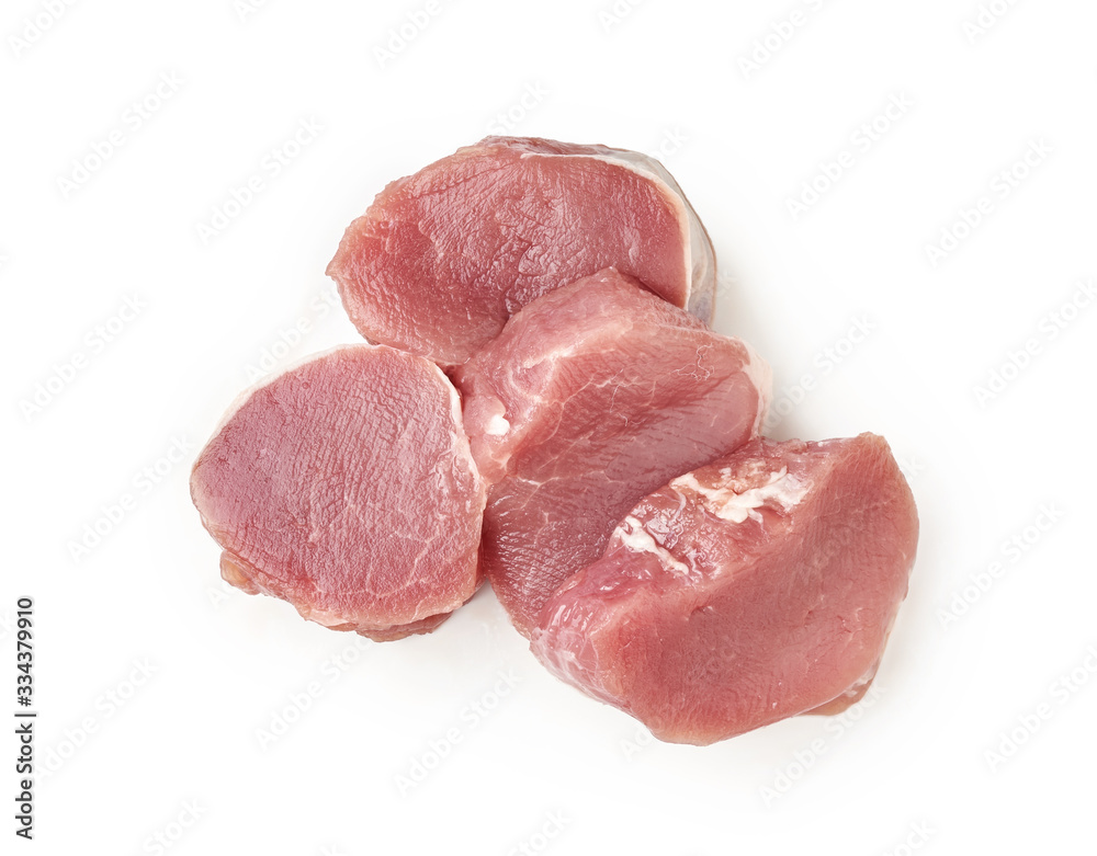 Fresh raw pork chop slices isolated on white background. Top view of pork medallions. Fresh raw pork chop slices isolated on white background. Top view of pork medallions.