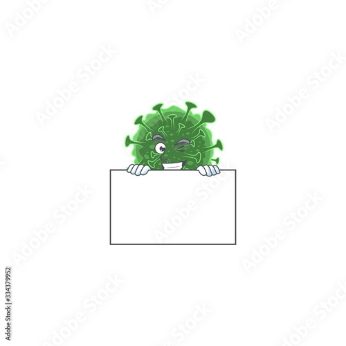 Cheerful wuhan coronavirus cartoon character has a board