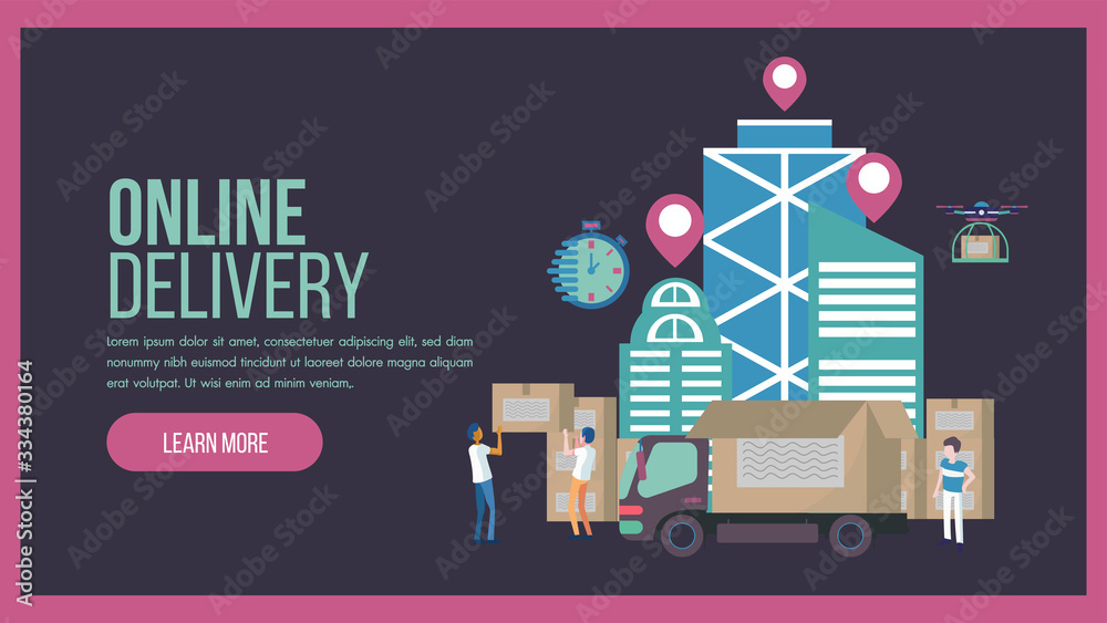 Online delivery service concept landing page with truck and staff service. This design can be used for websites, landing pages.Internet shipping web banner with modern city.Vector illustration.