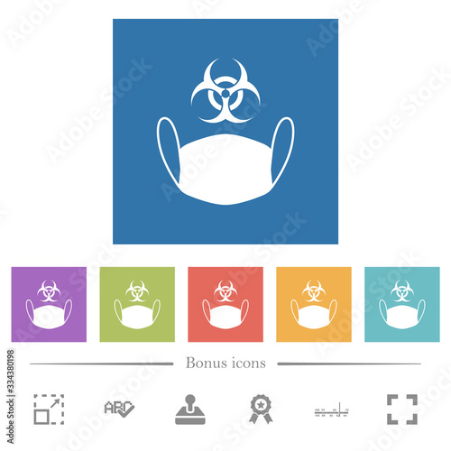 Face mask and biohazard symbol flat white icons in square backgrounds