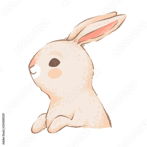 Cute rabbit with pink ears looks to the left. Element for easter design. Imitation of watercolor handmade