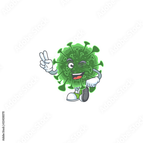 A joyful wuhan coronavirus mascot design showing his two fingers