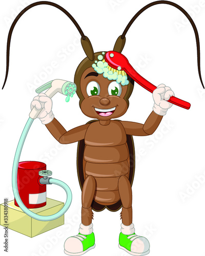 Funny Brown Cockroach Washing Take a Bath With Red Brush Cartoon