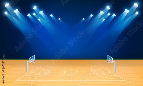 Basketball arena field with bright stadium lights design. Vector illumination