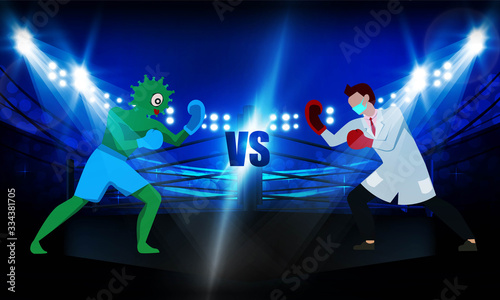 The doctor vs corona man at Boxing ring arena and spotlight floodlights vector design. Deadly type of virus 2019-nCoV Human vs virus © photoraidz