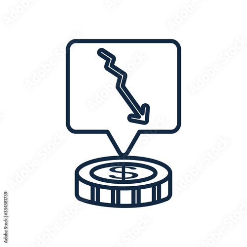 speech bubble with descending financial arrow and money coin icon, line style