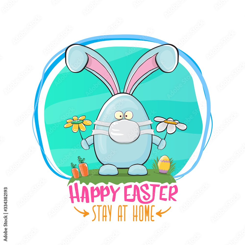 Happy easter stay at home greeting card with funny cartoon blue rabbit with medical face mask. Easter egg hunt hand drawn concept illustration banner.