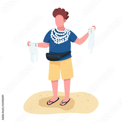 Beach merchant with souvenirs flat color vector faceless character. Man selling seashell necklaces and bracelets accessories isolated cartoon illustration for web graphic design and animation
