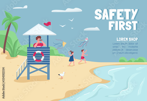 Safety first banner flat vector template. Brochure, poster concept design with cartoon characters. Tropical sand beach lifeguard in tower horizontal flyer, leaflet with place for text