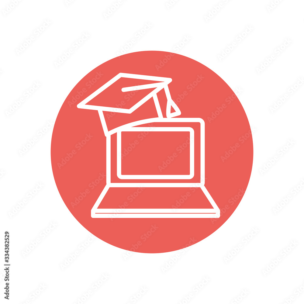 education online concept, Laptop computer with graduation cap icon, line block style education online concept, Laptop computer with graduation cap icon, line block style