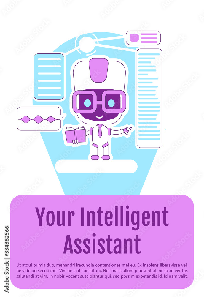 Personal assistant bot poster flat silhouette vector template. Brochure, booklet one page concept design with cartoon characters. Intelligent virtual assistance flyer, leaflet with text space Personal assistant bot poster flat silhouette vector template. Brochure, booklet one page concept design with cartoon characters. Intelligent virtual assistance flyer, leaflet with text space
