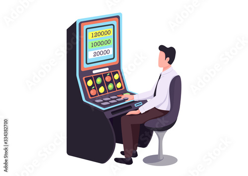 Gambler flat color vector faceless character. Player make bet. Person playing game of chance to win lottery. Male caucasian sit in casino. Man at fruit machine isolated cartoon illustration