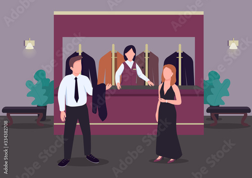 Cloakroom flat color vector illustration. Man in formal suit. Woman in elegant dress. Casino hall. Establishment lobby. Wardrobe 2D cartoon characters in interior with receptionist on background