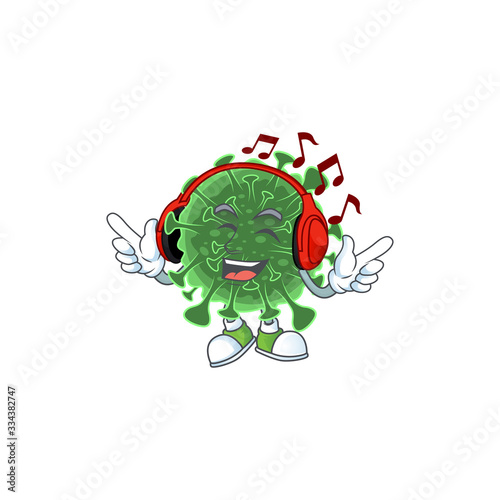 cartoon mascot design of wuhan coronavirus enjoying music