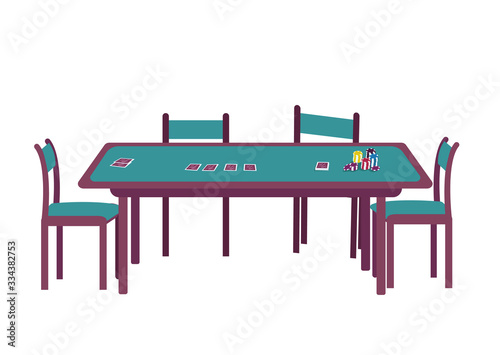 Casino cartoon vector illustration. Blackjack game of chance. Deal deck of cards. Stack of chips. Green poker table with four seats flat color object. Desk for gambling isolated on white background