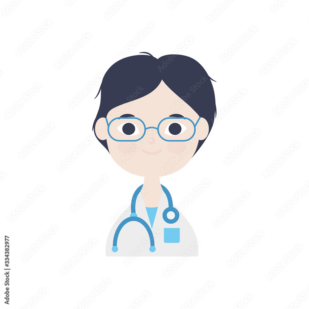 cartoon doctor with glasses and stethoscope icon, flat style cartoon doctor with glasses and stethoscope icon, flat style