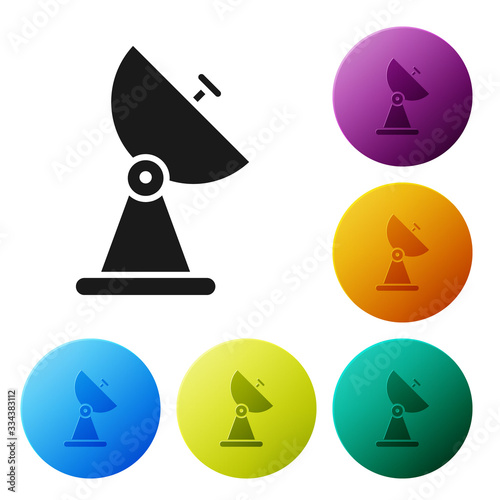 Black Radar icon isolated on white background. Search system. Satellite sign. Set icons in color circle buttons. Vector Illustration