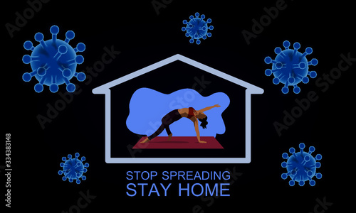 Woman pose yoga from home to prevent coronavirus spreading vector concept, social isolation, self quarantine flat cartoon concept.