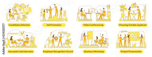 Hiring flat silhouette vector illustrations set. Business company employees outline characters on white background. HR management, recruitment services, headhunting simple style drawings pack