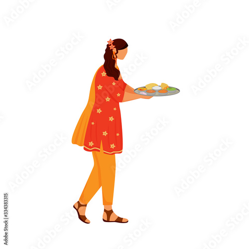Female Indian wearing sari flat color vector faceless character. Woman in traditional clothes, girl carrying thali with Indian meals isolated cartoon illustration for web graphic design and animation